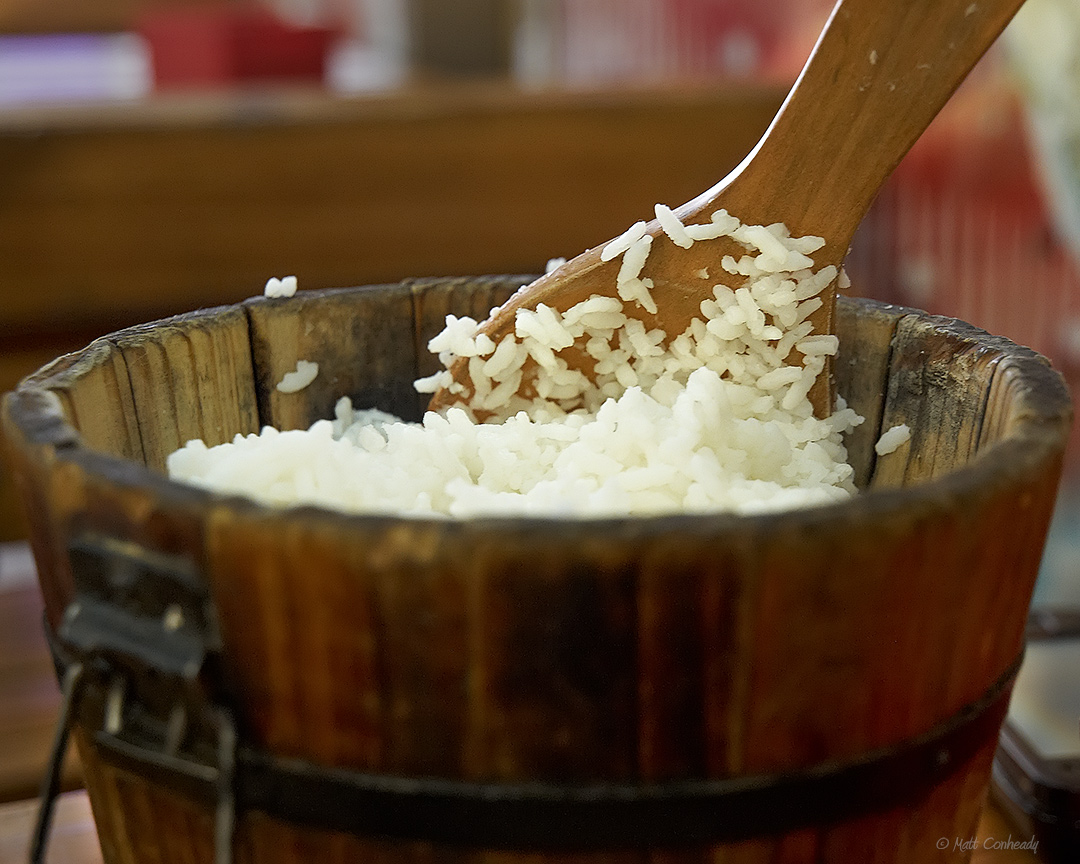 rice in wood bowl