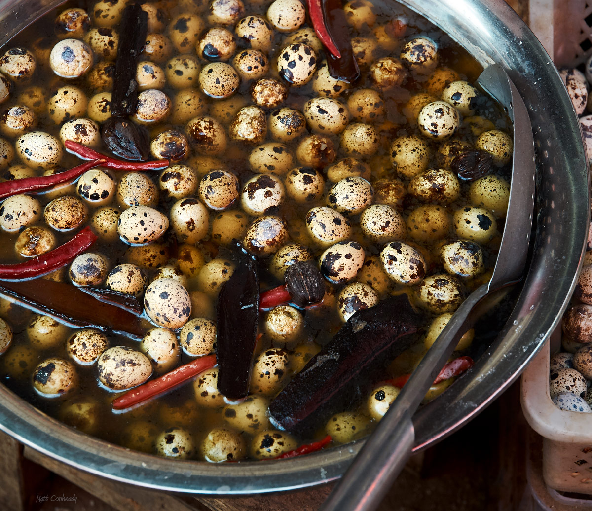 A bowl of Spiced pickled quail eggs