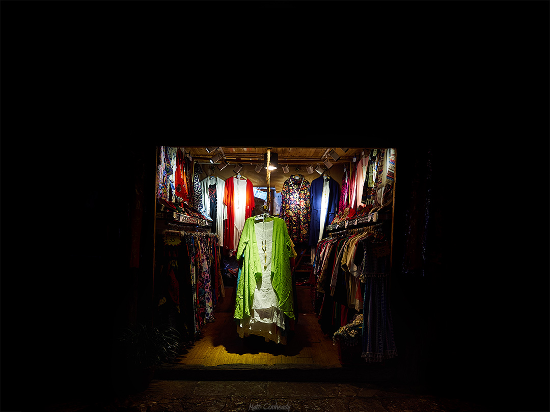 Lijiang old town clothing shop at night