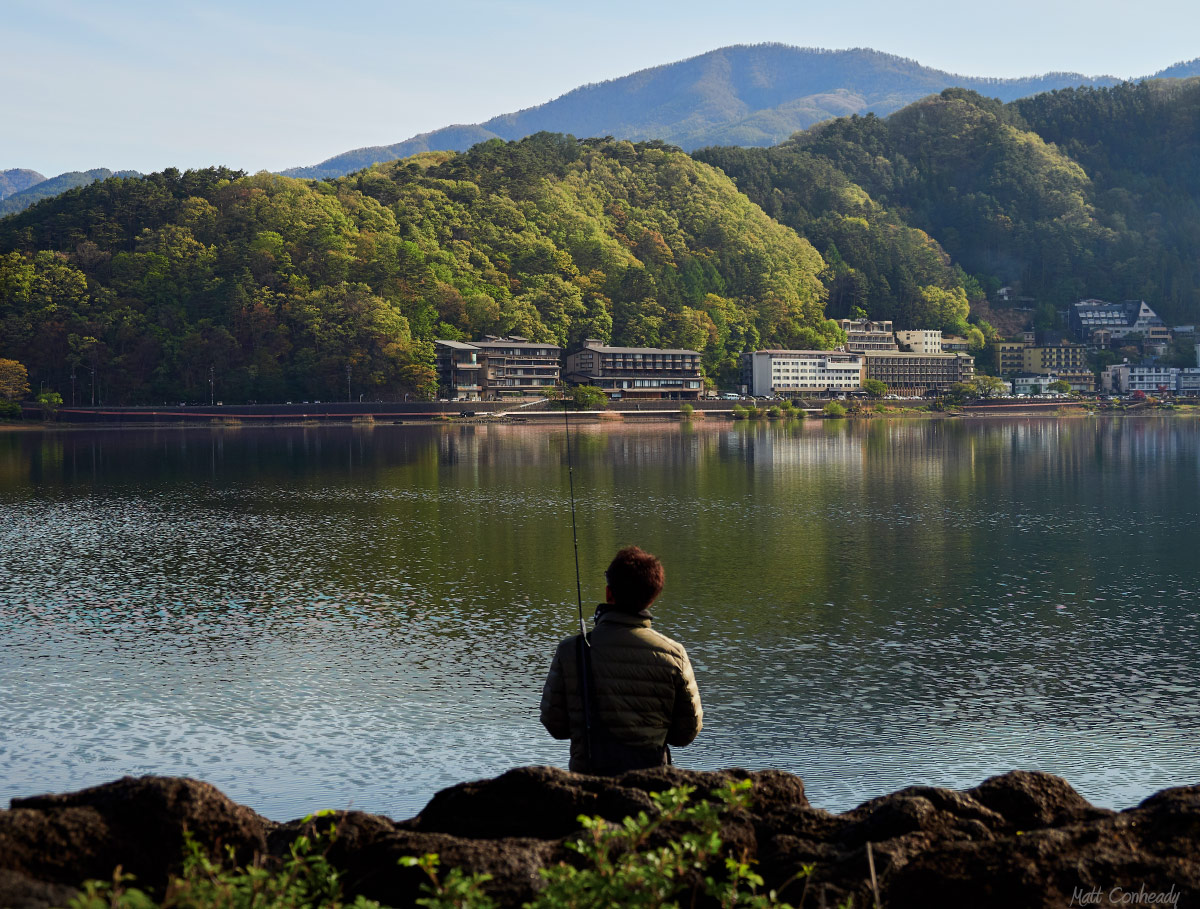 Fishing in the morning on Lake Kawaguchi, Japan