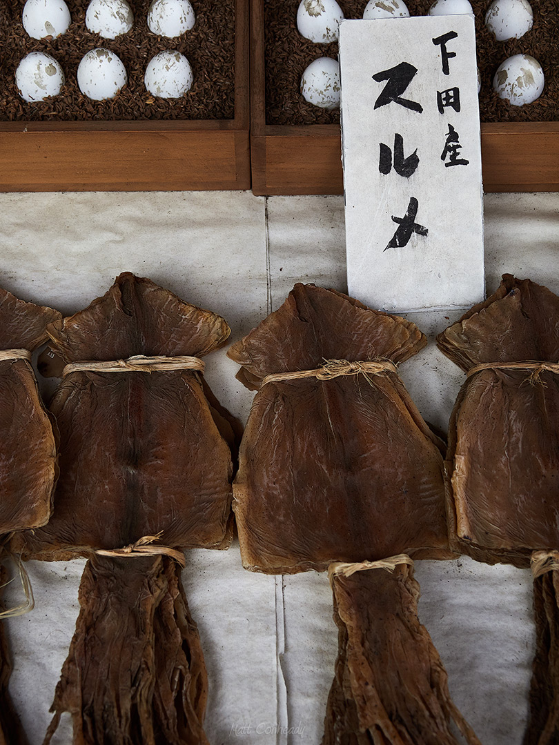 dried squid and eggs on display at a general store at the Tokyo-Edo Architectural Museum